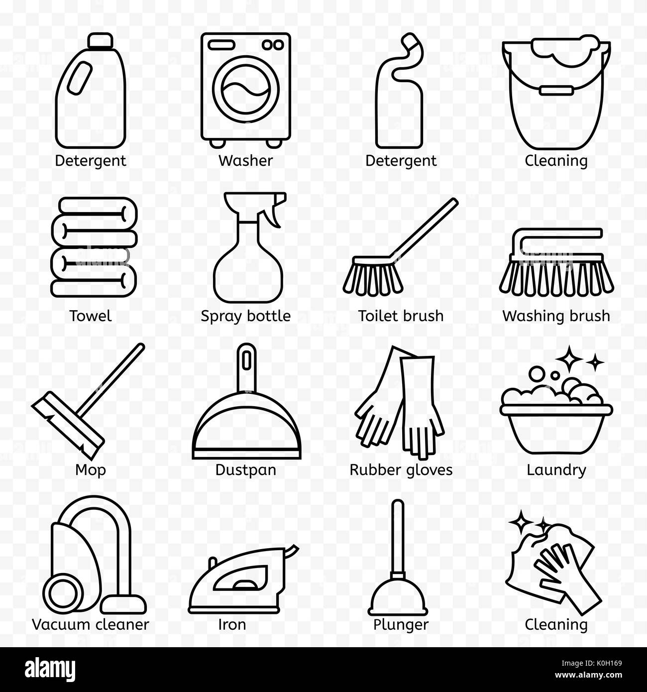 Reinigung, Waschen Sie Zeile für Symbole. Waschmaschine, Schwamm, Mop, Bügeleisen, Staubsauger, Schaufel und andere clining Elemente. Um im Haus thin linear Zeichen Stockfoto