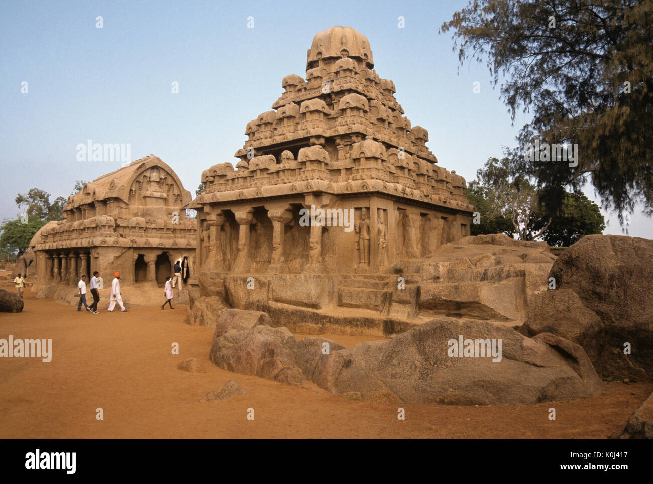 Die fünf Rathas (Pancha Ratha), Mamallapuram (Mahabalipuram), Tamil Nadu, Indien Stockfoto