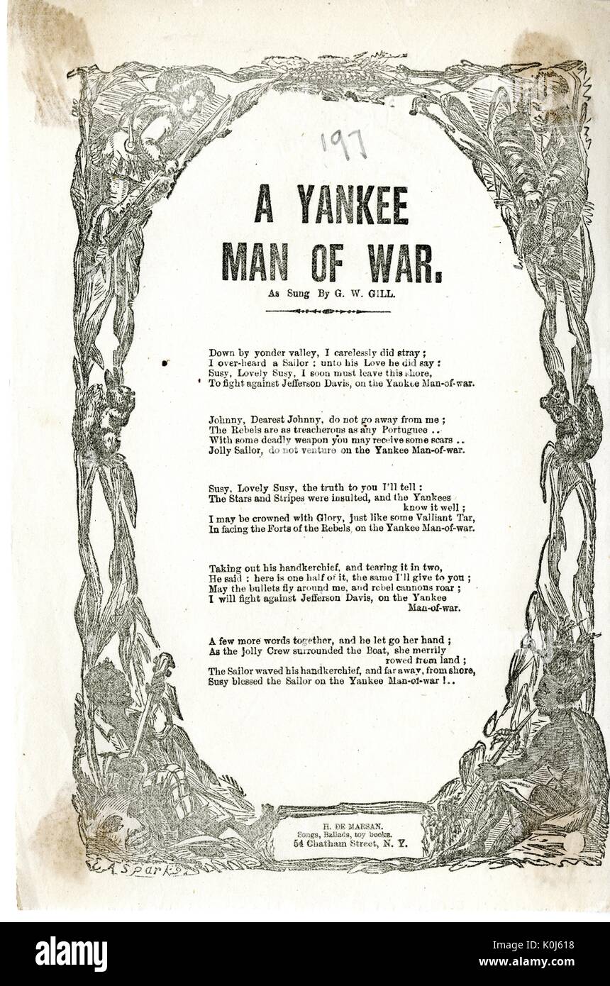 Breitseite aus dem amerikanischen Bürgerkrieg, der den Titel "Ein Yankee Mann des Krieges," erzählt die Geschichte von einem Yankee Seemann, seiner Geliebten, Susy, gegen die Konföderation, New York, New York, 1862 zu kämpfen lässt. Stockfoto