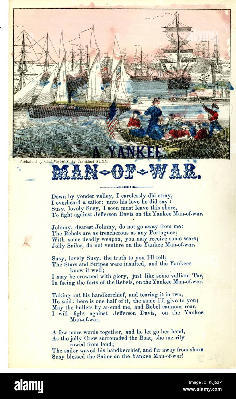 Breitseite aus dem amerikanischen Bürgerkrieg, mit dem Titel "Der Krieg", erzählt die Geschichte von einem Yankee Seemann, seiner Geliebten, Susy, gegen die Konföderation, New York, New York, 1862 zu kämpfen lässt. Stockfoto