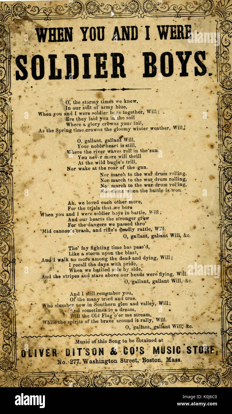 Breitseite aus dem amerikanischen Bürgerkrieg, der den Titel "Wenn Sie und ich waren Soldaten Jungs," erzählt die Geschichte eines Soldaten auf den Krieg suchen, Erinnerung an einen Freund verloren zu kämpfen, Boston, Massachusetts, 1863. Stockfoto