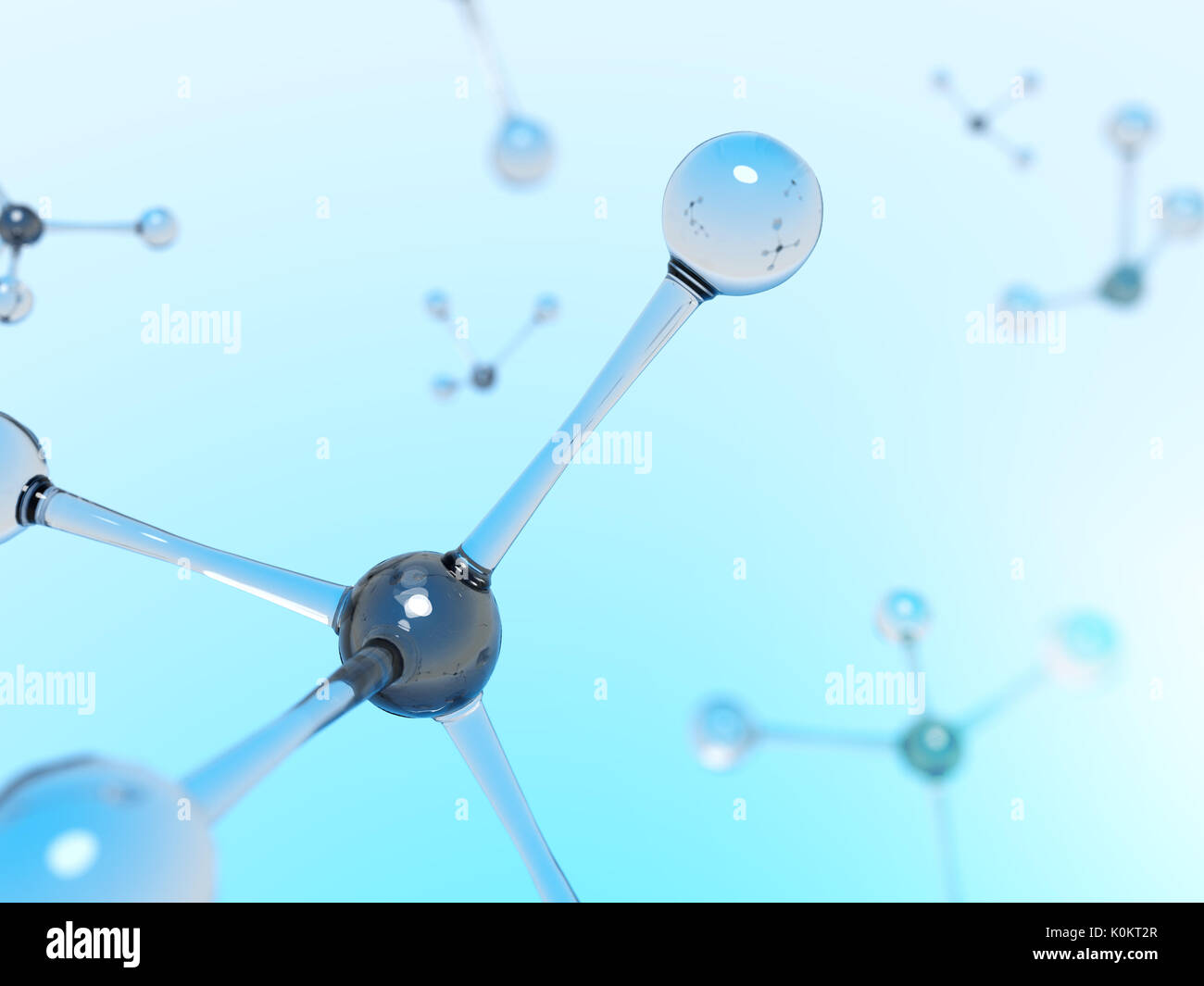 Blaues Glas Molekülstruktur. 3D-Rendering. Stockfoto