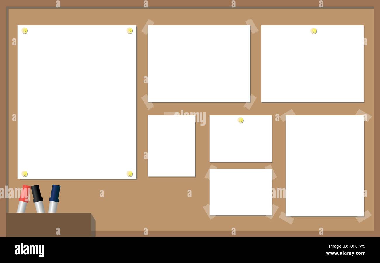 Office cork Platine mit weißem Papier, Gelb, Stifte, Stifte und Klebeband an der Ecke von Papier. Vector Illustration. Stock Vektor