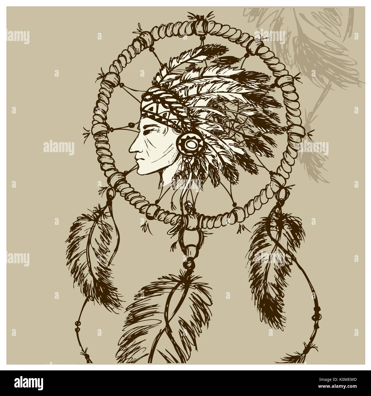 Nordamerikanischen Indianer mit Dreamcatcher, Hand gezeichnet Vektor Stock Vektor