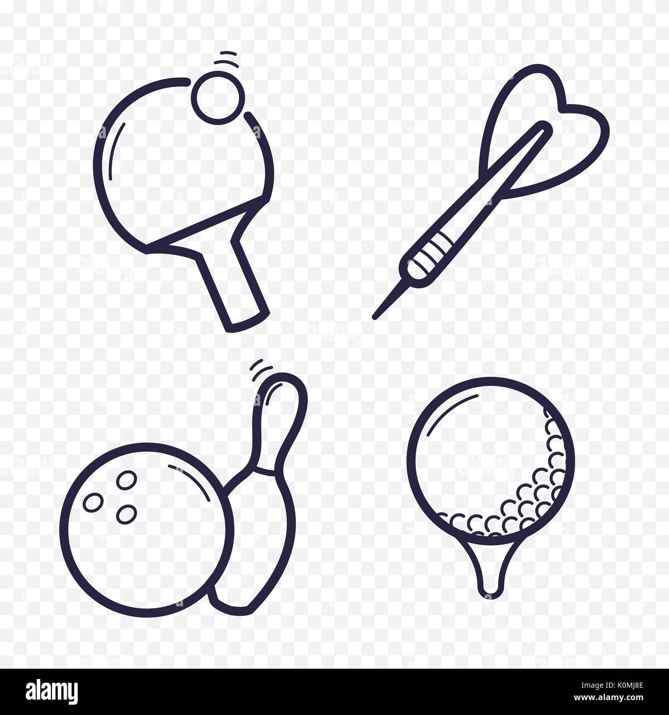 Spiele lineare Symbole. Ping-pong, Golf, Bowling, Darts Freizeitaktivitäten. Glücksspiel, Sport Spiel symbol Leitung. Stock Vektor
