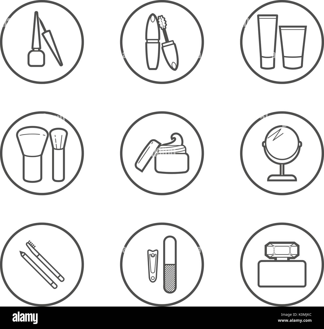 Vektor kosmetische Symbole. Mascara, Pinsel, Parfüm, Creme und Make-up-Produkte. Make-up Thin linear Anzeichen für Maniküre, Pediküre und Visage. Stock Vektor Vektor kosmetische Symbole. Mascara, Pinsel, Parfüm, Creme und Make-up-Produkte. Make-up Thin linear Anzeichen für Maniküre, Pediküre und Visage. Stock Vektor