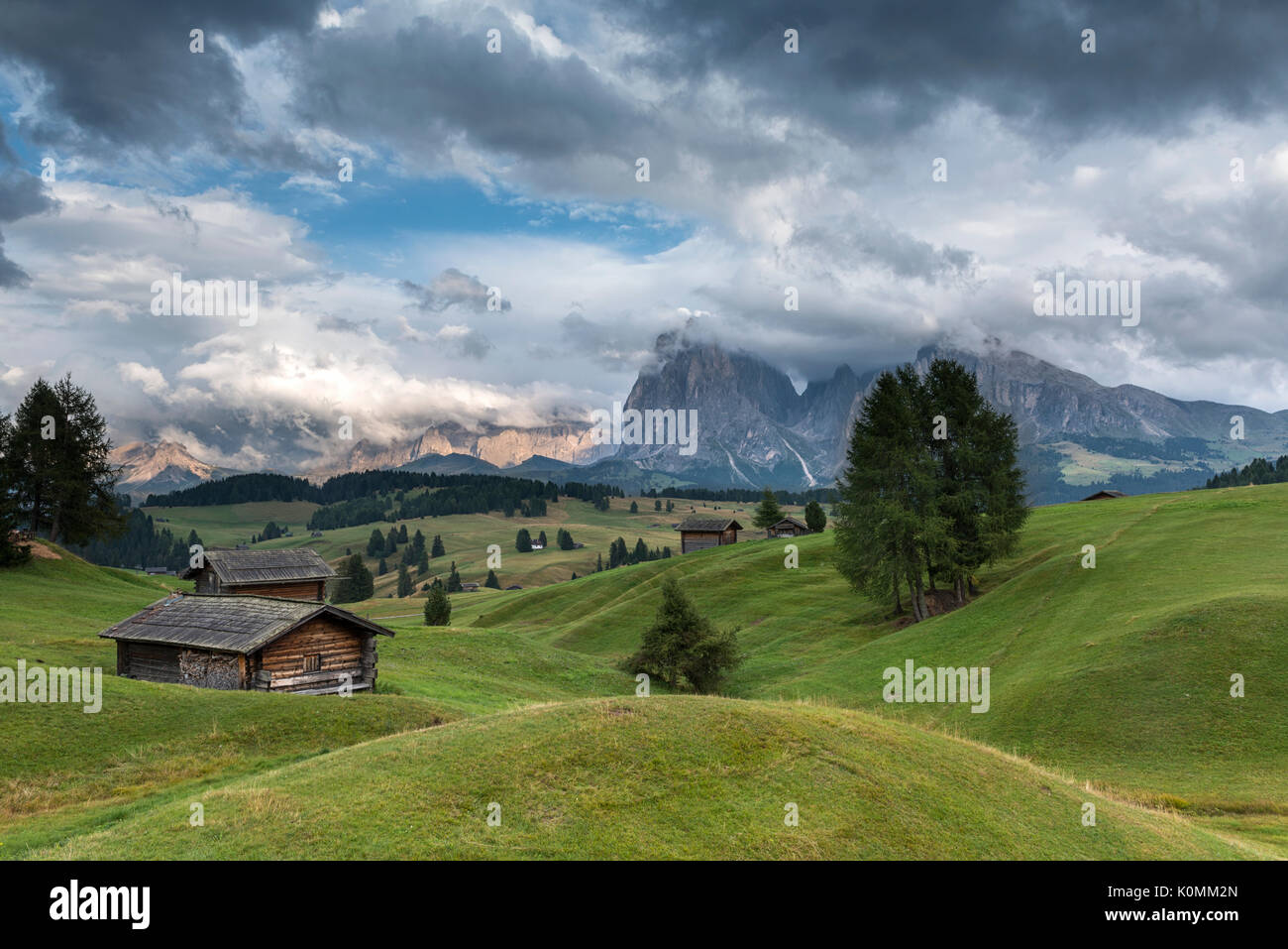 Seiser Alm, Dolomiten, Südtirol, Italien. Blick von der Seiser Alm auf die Gipfel des Langkofel und Plattkofel/Plattkofel Stockfoto