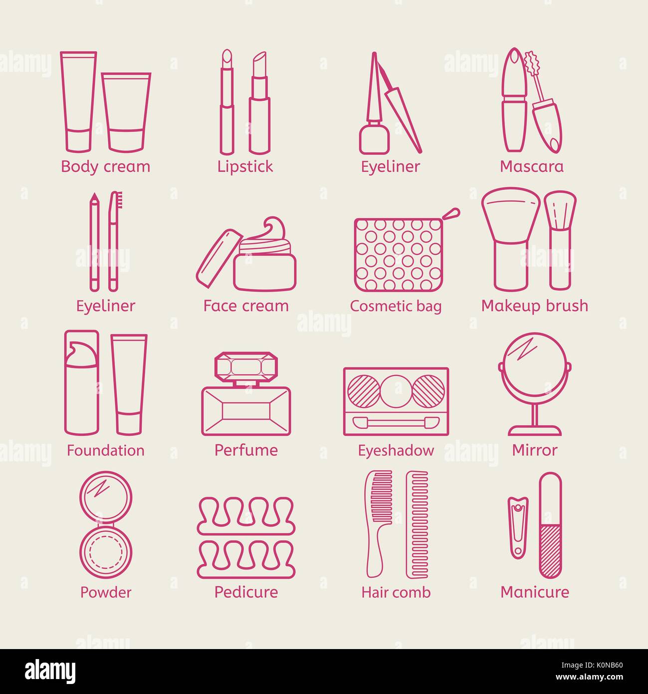 Vektor kosmetische Symbole. Mascara, Lippenstift, Puder, Lidschatten, Parfüm, Creme und Make-up-Produkte. Make-up Thin linear Anzeichen für Maniküre, Pediküre und Visage. Stock Vektor Vektor kosmetische Symbole. Mascara, Lippenstift, Puder, Lidschatten, Parfüm, Creme und Make-up-Produkte. Make-up Thin linear Anzeichen für Maniküre, Pediküre und Visage. Stock Vektor