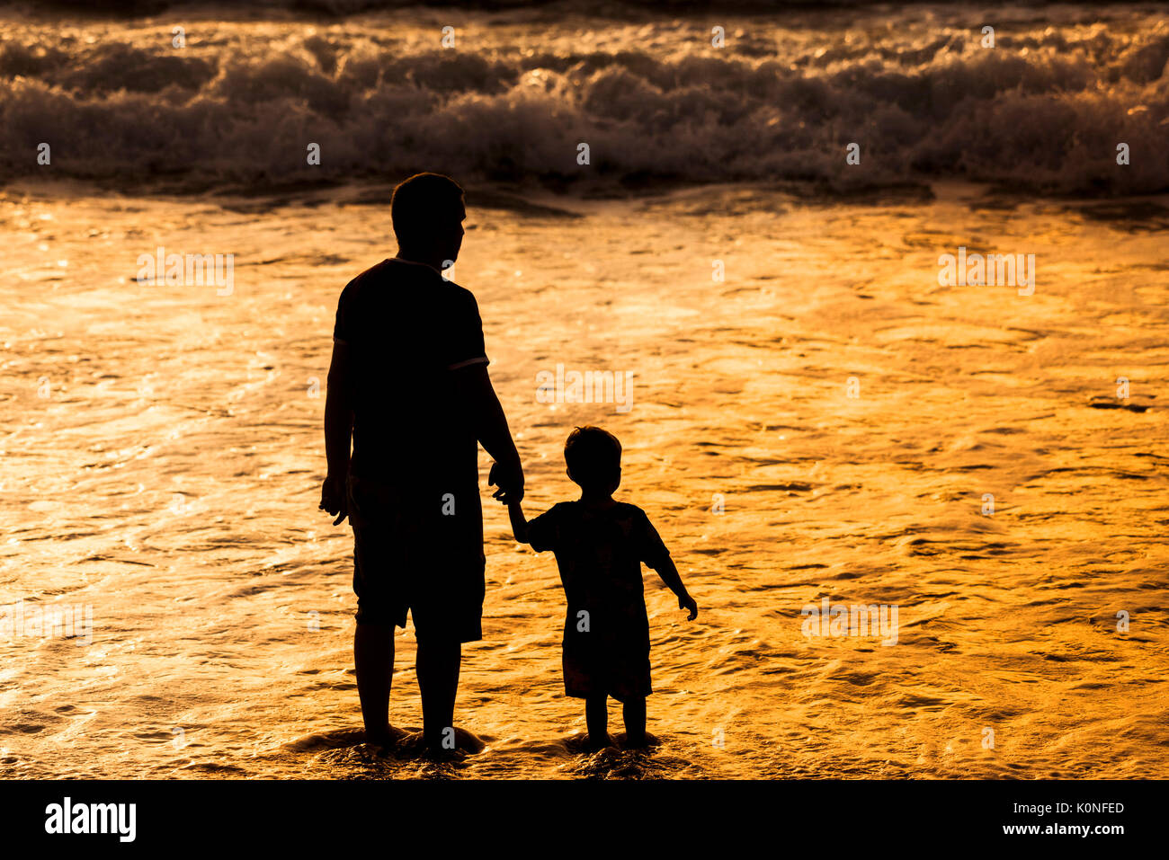 Die Silhouette von einem Vater und seinem jungen Sohn halten sich an den Händen und im Meer. Stockfoto