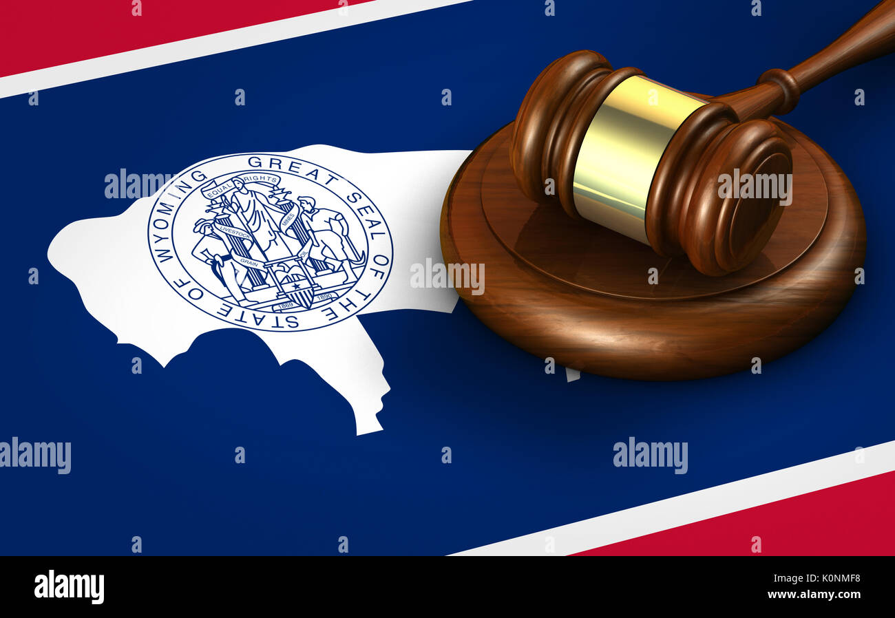 Wyoming US-Gesetz, Recht und Gerechtigkeit Konzept mit einem 3D-Rendering für eine Hammer auf Wyomingite Flagge. Stockfoto