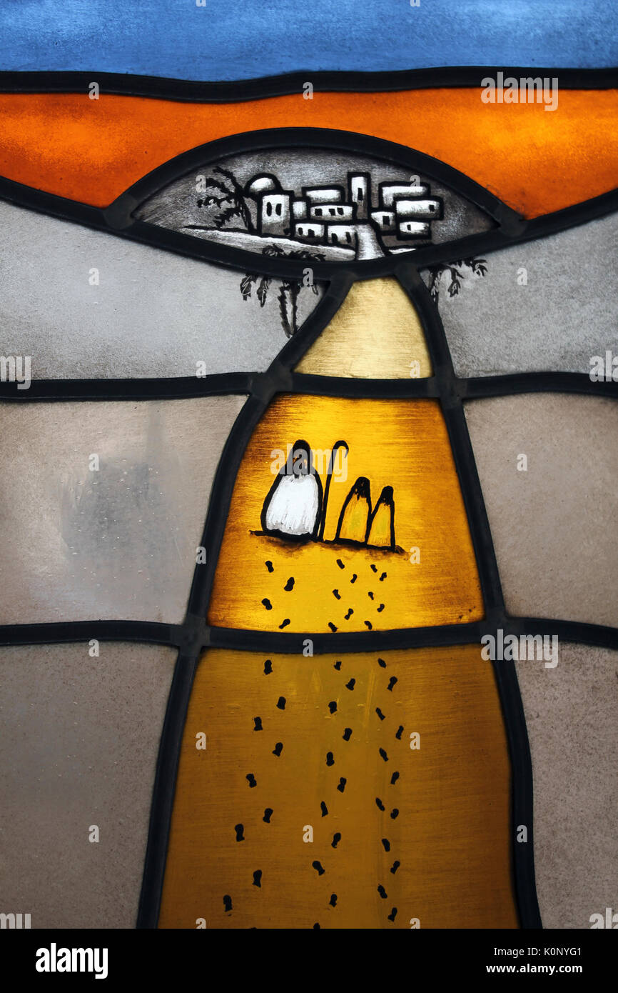 Moderne Glasfenster Drei Könige nach Bethlehem reisen Stockfoto