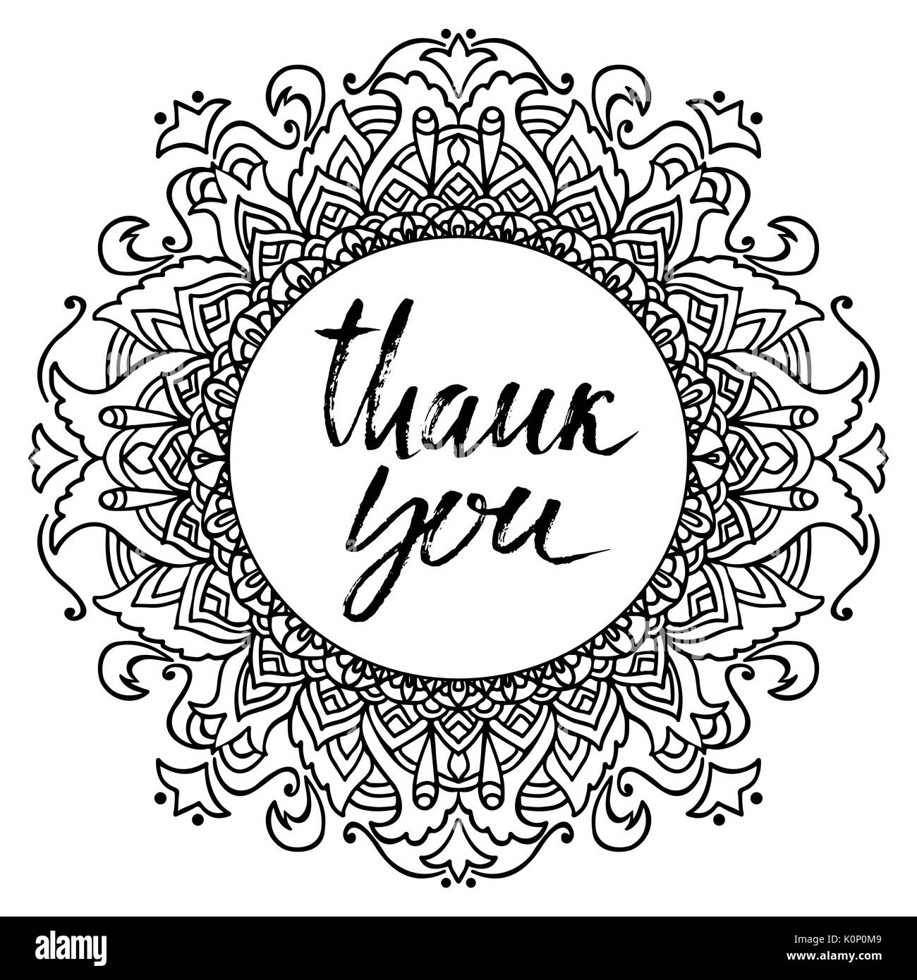 Abstrakte mandala Ornament. Asiatische Muster. Schwarze und weiße authentischen Rahmen. Moderne trockene Bürste Schriftzug. Vector Illustration. Stock Vektor
