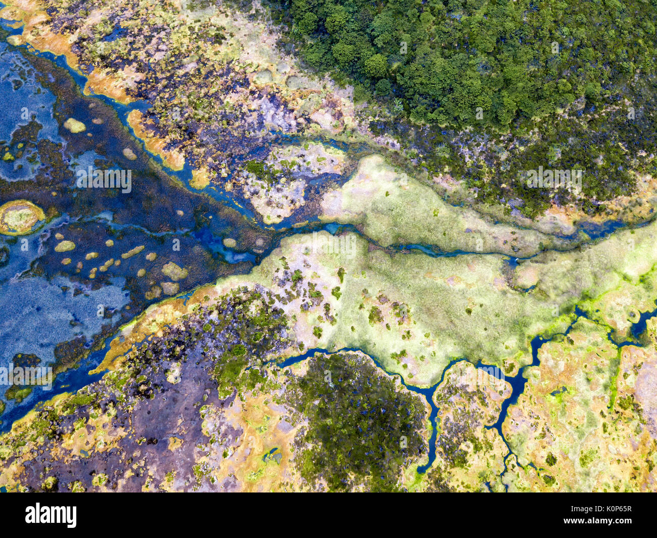 Luftaufnahme zeigt die leuchtenden Farben der Flüsse und See von Caldeira Branca auf der Insel Flores in Portugal. Stockfoto