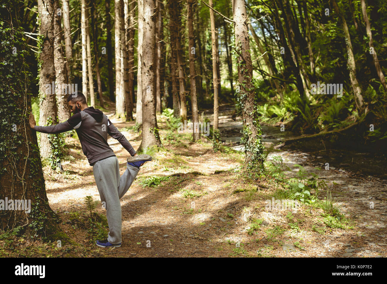 Volle Länge des jungen Mannes, der Ausübung von Baum im Wald Stockfoto