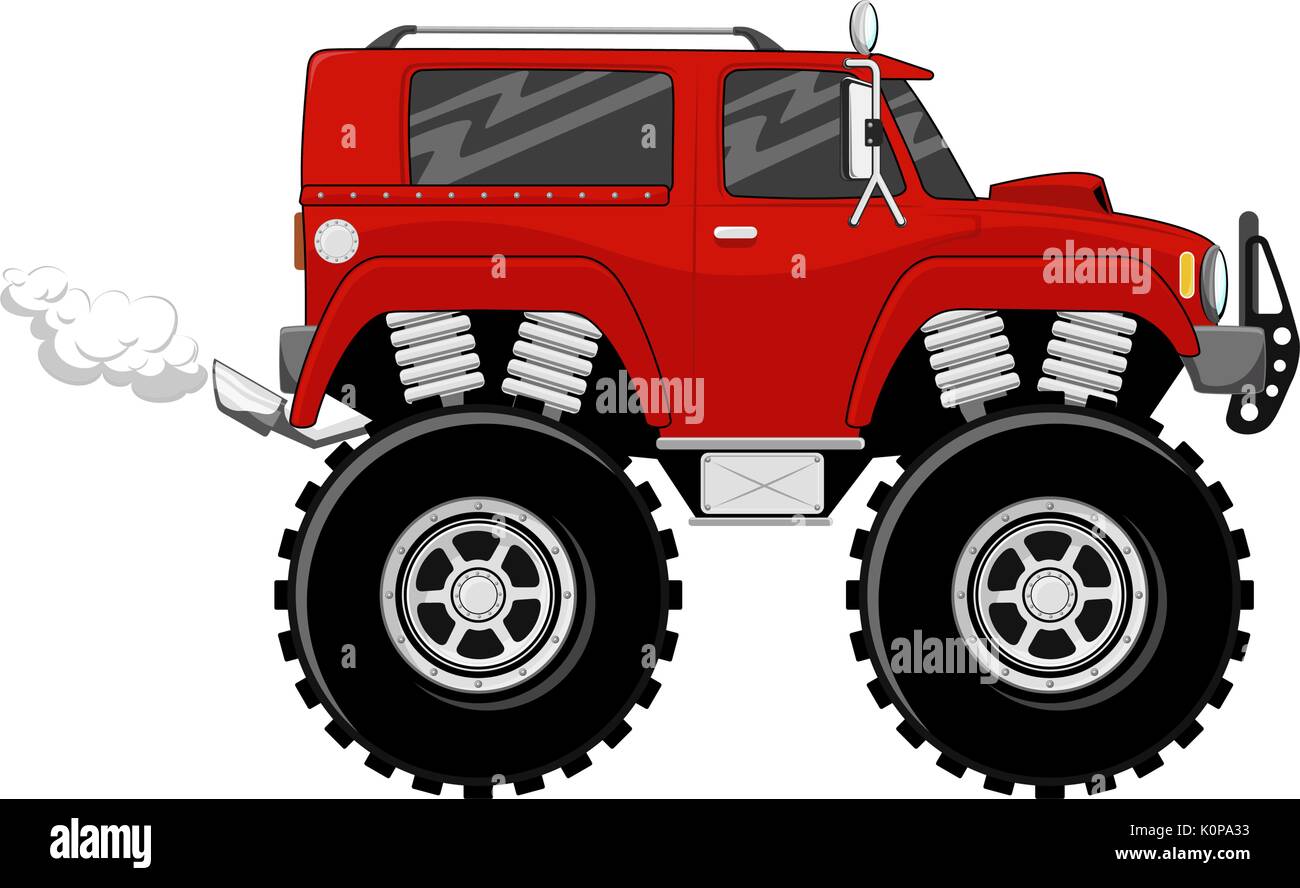 Abbildung: große Räder rot Monstertruck Cartoon auf weißem Hintergrund Stock Vektor
