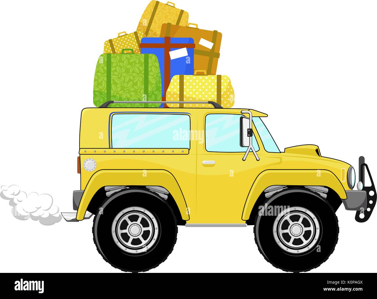 Lustige gelbe Lastwagen cartoon mit Gepäck auf weißem Hintergrund Stock Vektor