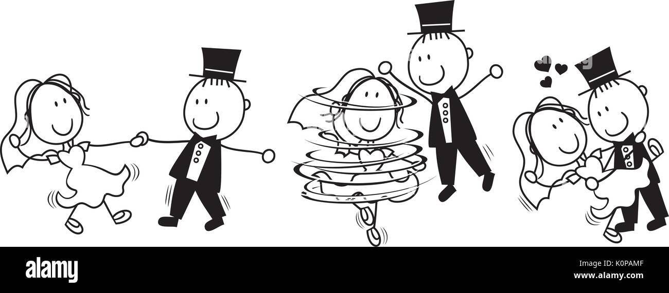 Eingestellt von isolierten cartoon Braut und Bräutigam erste Tanz Hochzeit, ideal für lustige Einladung Stock Vektor