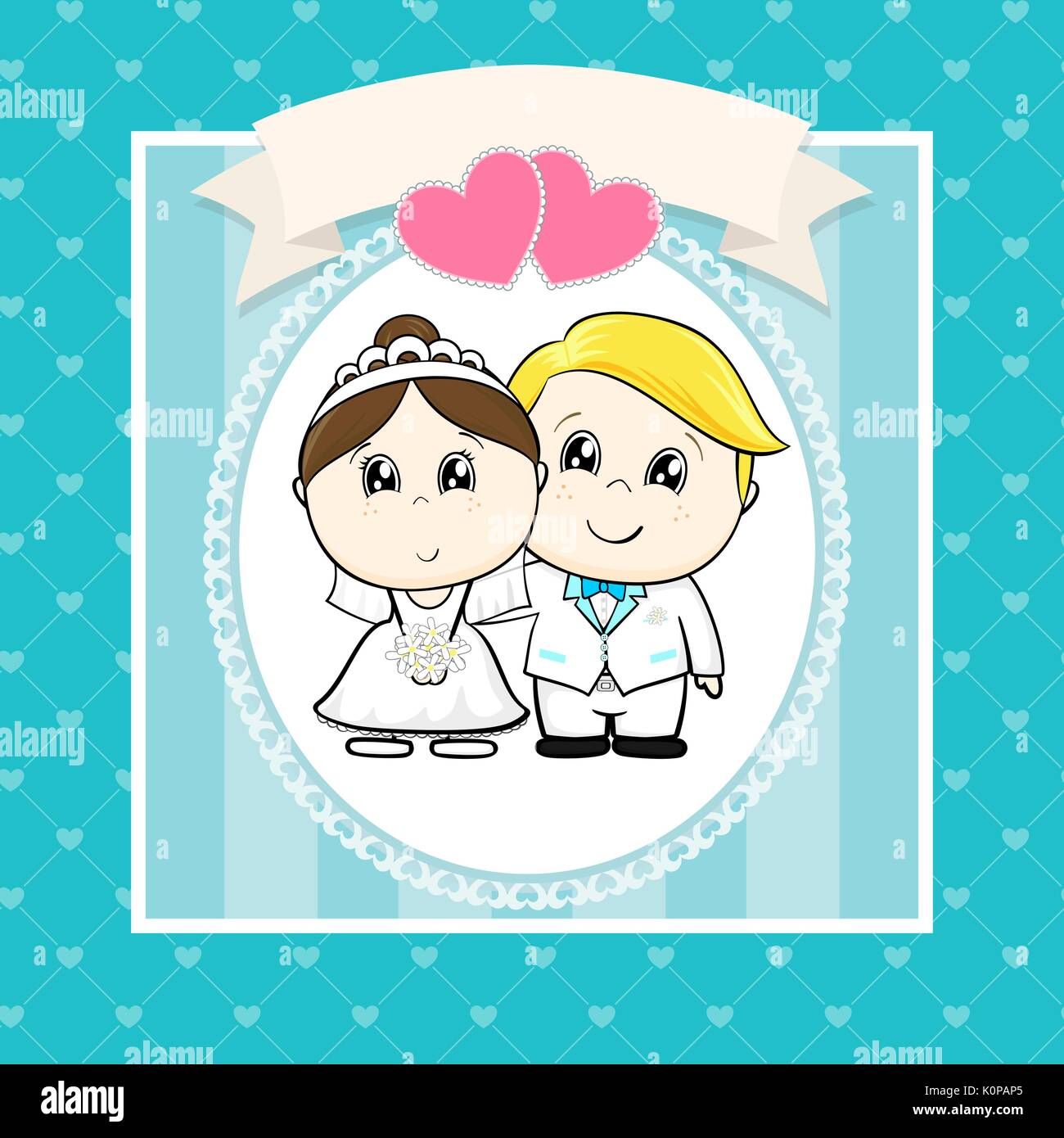 Süße Braut und Bräutigam mit Herzen und leeren Banner auf nahtlose Herzen Muster, ideal für lustige Hochzeit Einladungen Stock Vektor