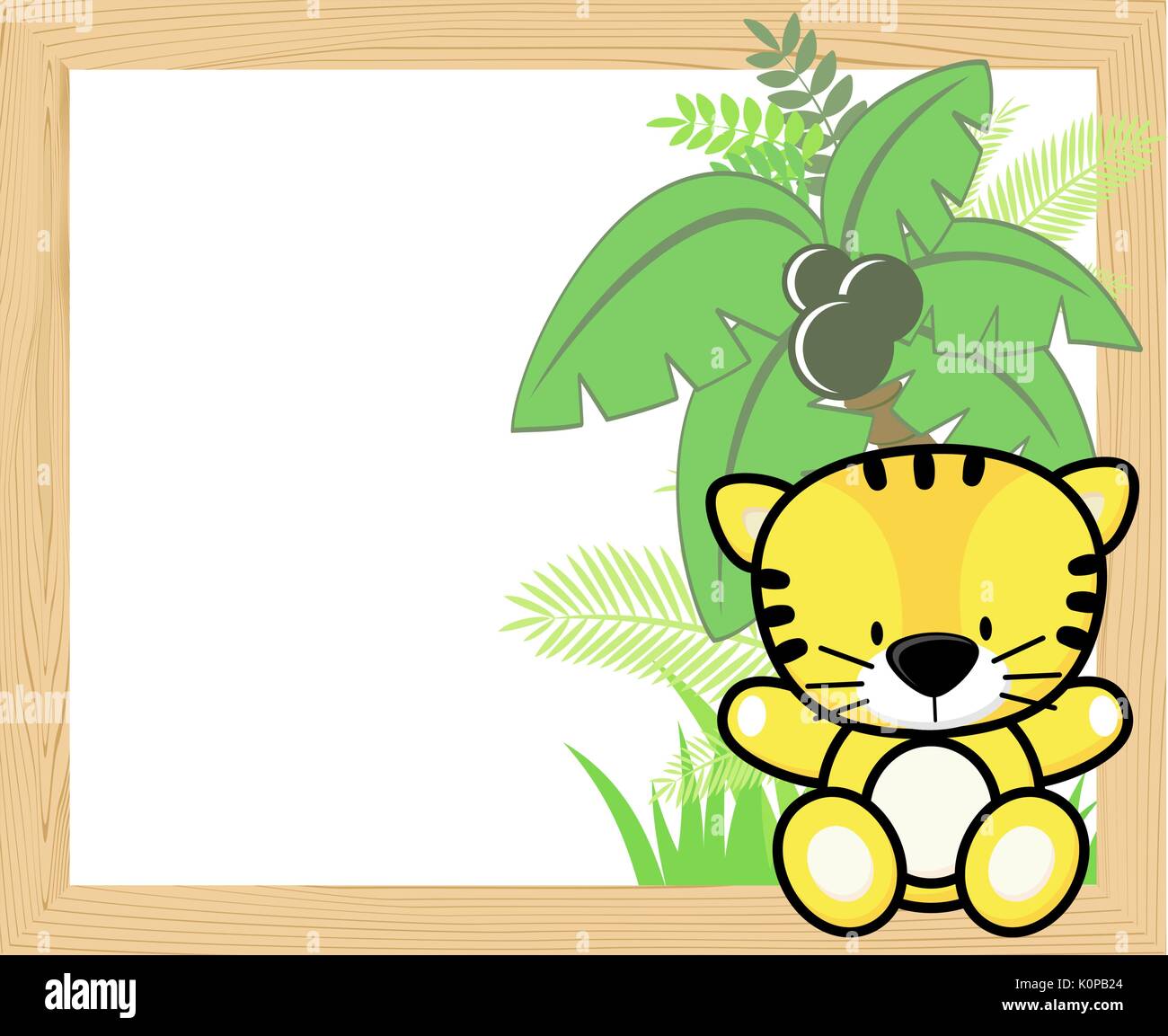 Cute Baby Tiger mit tropischen Blättern und Palme auf leere Holz Rahmen für Kopie Raum, ideal für Kinderzimmer Kunst Dekoration oder scrapbooking Projekte Stock Vektor