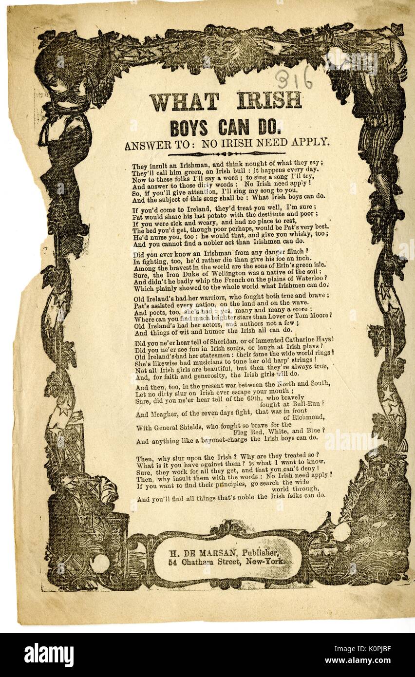 Breitseite aus dem amerikanischen Bürgerkrieg, der den Titel "Was irische Jungen tun können", zum Ausdruck zu bringen Stolz und Mut für die Irische Brigade, die sich für die Union, New York, New York, 1863. Stockfoto