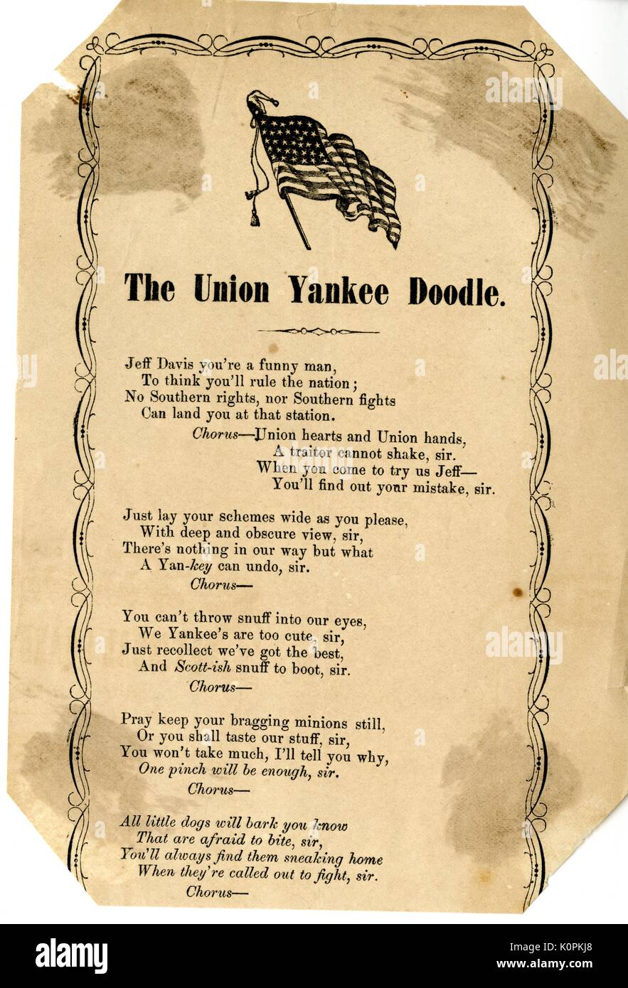 Breitseite aus dem amerikanischen Bürgerkrieg, der den Titel "Die Union Yankee Doodle, 'Ausdruck Feindschaft für Jefferson Davis und die Konföderation durch die Tapferkeit der Union Army, 1862. Stockfoto