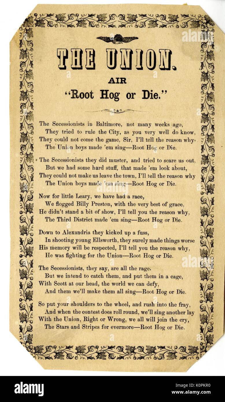 Breitseite aus dem amerikanischen Bürgerkrieg, der lautete: "Die Union", Ausdruck stolz in Union lösen durch das Versagen der Abtrünnigen Rebellen, der versuchte, Baltimore für die Konföderation, 1862 zu überholen. Stockfoto