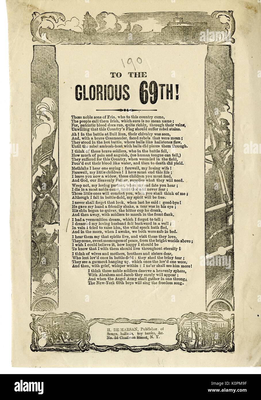Breitseite aus dem Amerikanischen Bürgerkrieg mit dem Titel "In die glorreichen 69th!", pries den gefallenen Soldaten der 69th Regiment, auch als die Irische Brigade, New York, New York, 1863 bekannt. Stockfoto