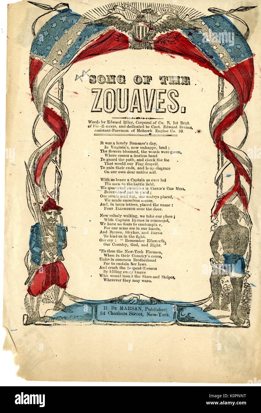 Breitseite aus dem Amerikanischen Bürgerkrieg mit dem Titel 'Song des Zouaven," erzählt die Geschichte von Union Truppen am Fort Ellsworth, New York City, New York, 1863 mutig. Stockfoto