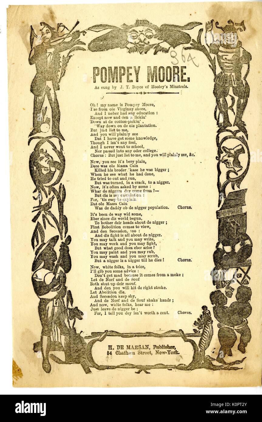 Breitseite aus dem amerikanischen Bürgerkrieg, der den Titel "Pompey Moore, "eine rassistische Karikatur einer Plantage Sklave, der Fürsprecher für eine Resolution gegen den Krieg durch die Beendigung der Abschaffung und die Secession, New York, New York, 1863. Stockfoto