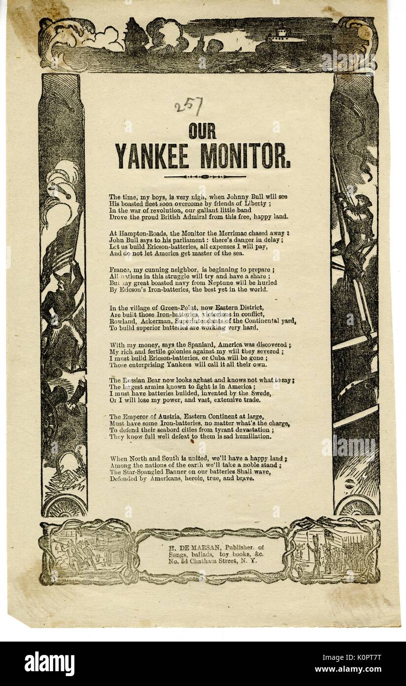 Breitseite aus dem amerikanischen Bürgerkrieg, der den Titel "Unser Yankee Monitor", zum Ausdruck zu bringen Glauben in Union Sieg im Symbol der USS Monitor, während mahnenden Britische und Europäische Sympathie für die Konföderation, New York, New York, 1862. Stockfoto