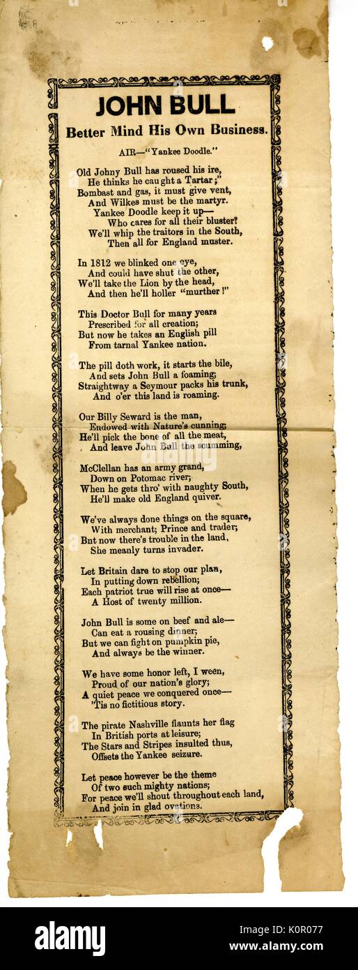 Breitseite aus dem amerikanischen Bürgerkrieg, der den Titel "John Bull besser verstand sein eigenes Geschäft, "Ausdruck stolz in General George B McClellan und Verachtung für britische Sympathie für die Konföderation, 1863. Stockfoto