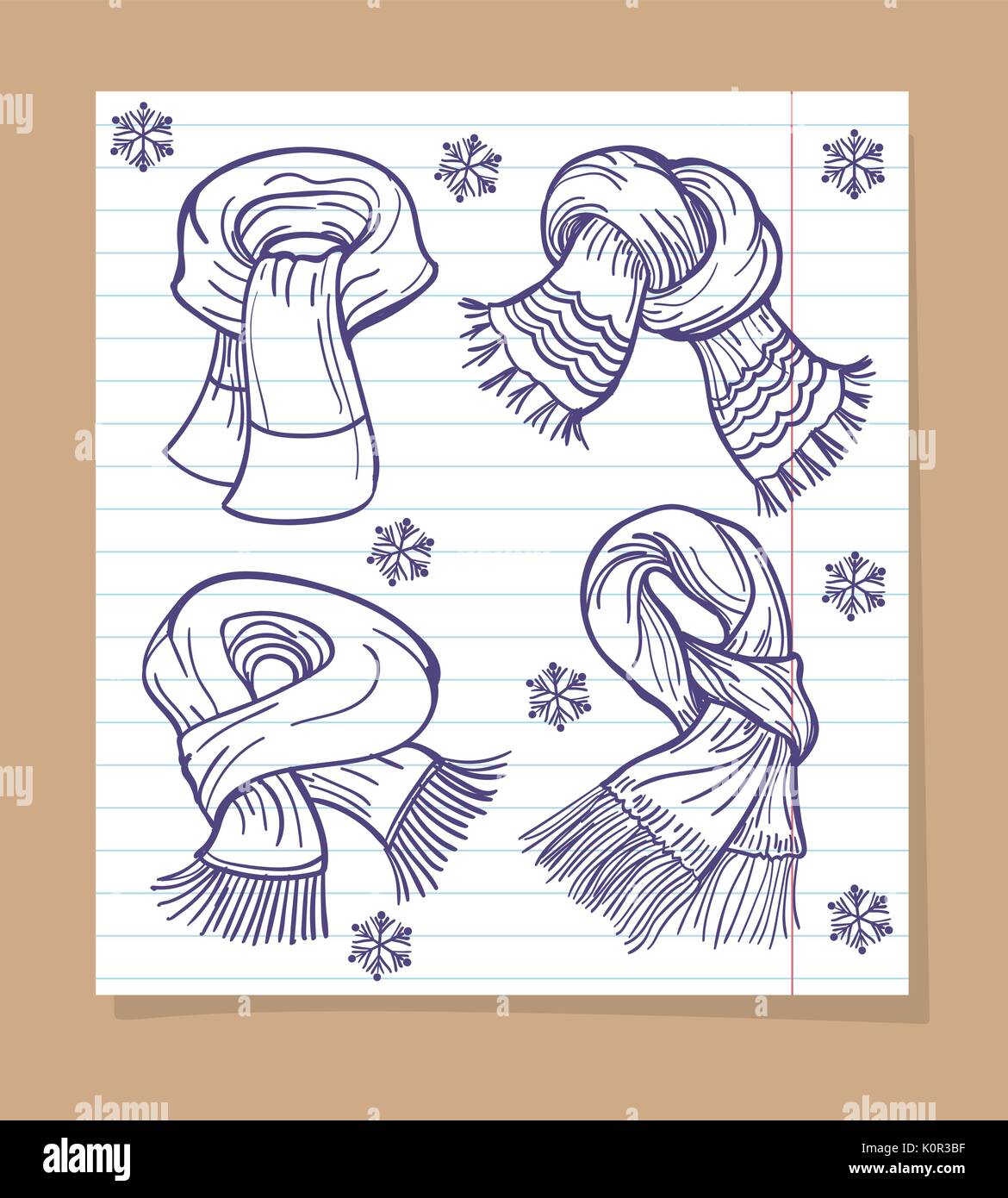 Skizze auf Kugelschreiber Tücher und Schneeflocken auf Seite Line. Vector Illustration Stock Vektor
