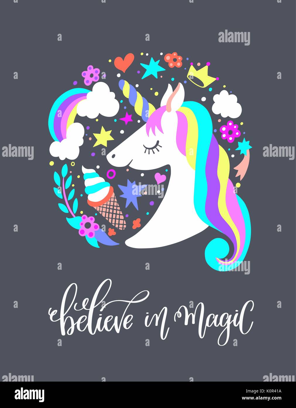 Glaube an Magie - kunst Poster mit Einhorn Stock Vektor