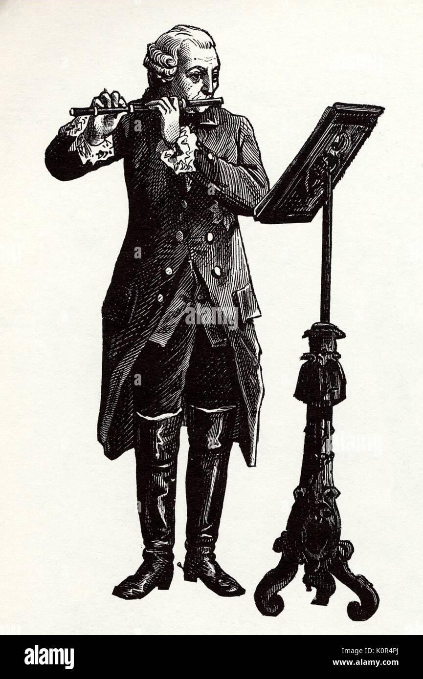 Barocke Musiker spielen Flöte. Notenständer Stockfoto