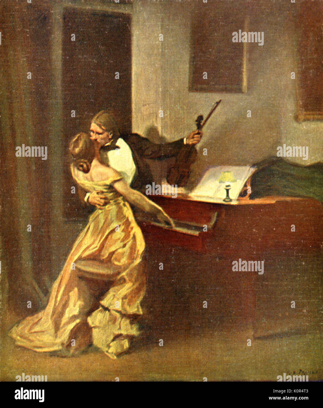 Kammermusik, Violine und Klavier "Kreutzer Sonate" von R. Prinet. Malerei des späten 19. oder frühen 20. Jahrhundert zeigen Mann mit Violine und Frau am Klavier. (Liebe und dem Klavier). Beethoven Ludwig van Beethoven. Stockfoto