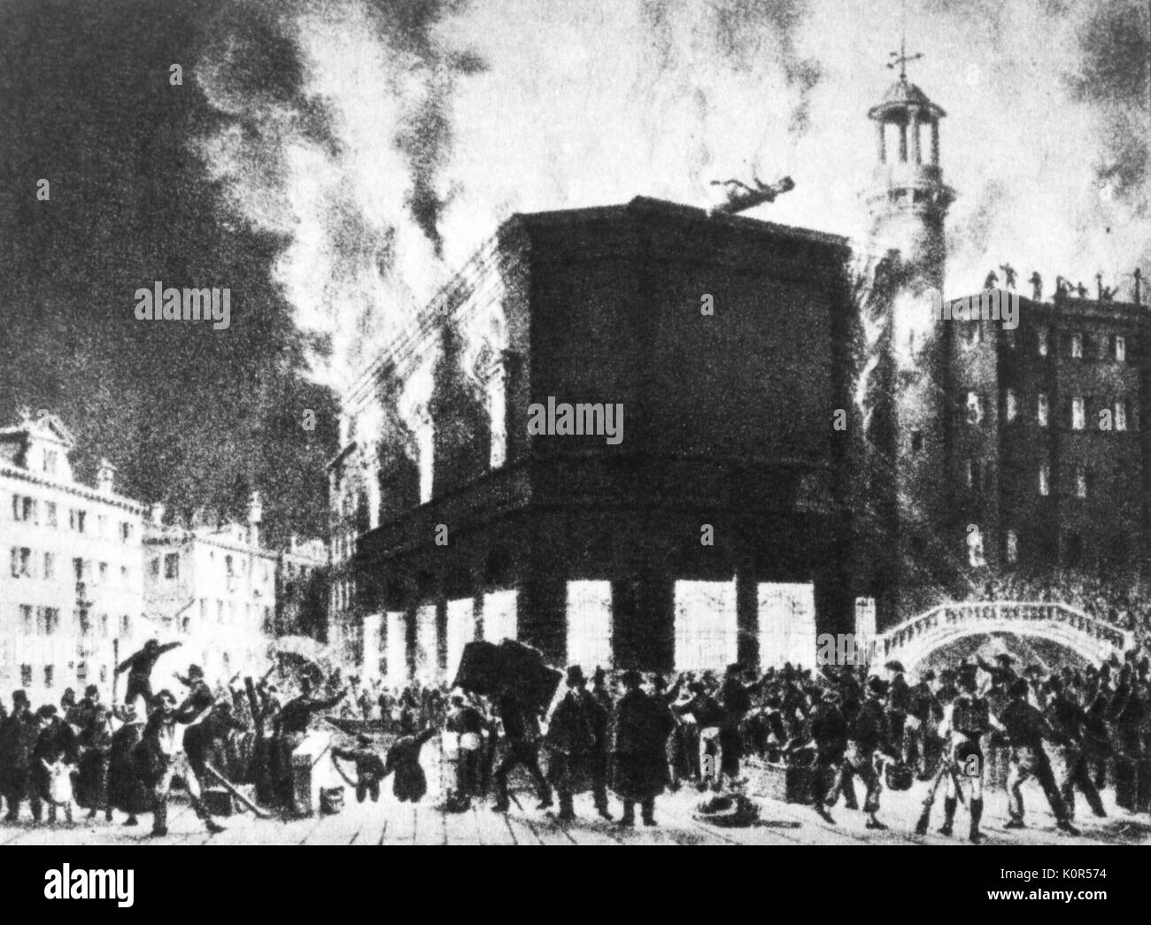 Venedig - Teatro La Fenice Brand 1836 Erste Fenice eröffnet 1792. 13. Dezember 1836 durch ein Feuer zerstört. Zweite Theater eröffnet im Dezember 1837. Ab Januar 1996 verbrannt. Stockfoto