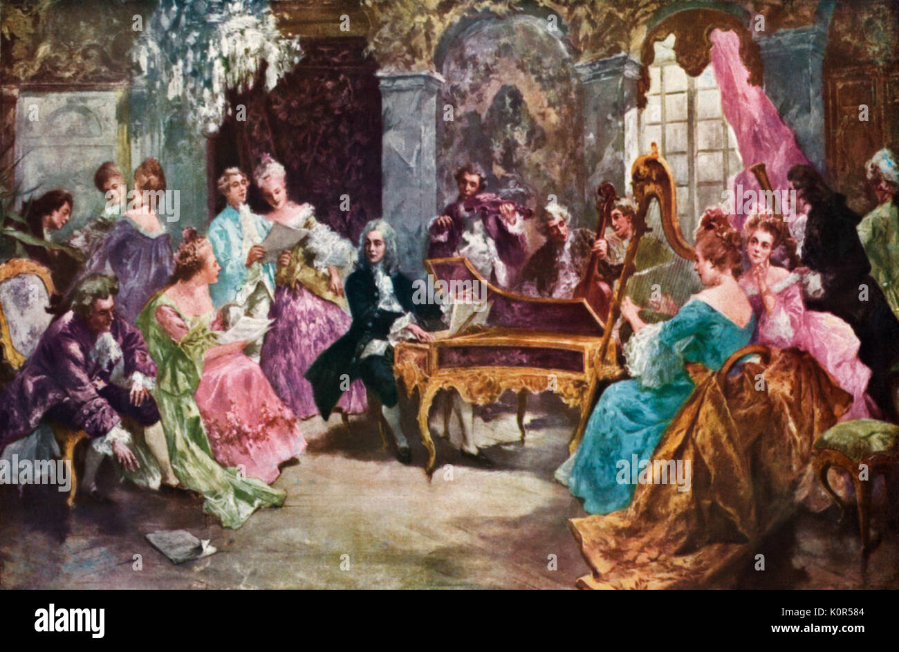 Händel auf der Tastatur, die mit einer Gesellschaft Publikum vor. Georg Friedrich Händel. Deutsch-englische Komponist. Malerei in London, Künstler nicht bekannt. 1685 - 1759 Stockfoto