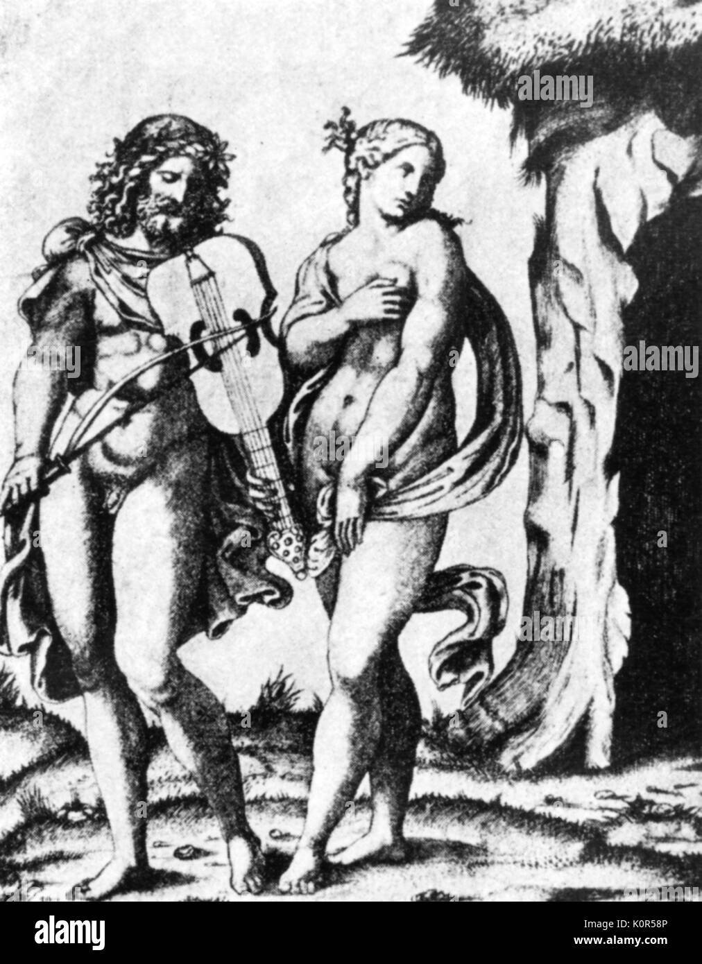 Orpheus und Eurydike - Orpheus spielt die Viola da Braccia. Griechischen Mythos. Kupferstich von Marc-Antonio Raimondi 1480 - C. 1534. Orfeo, Orphée Stockfoto