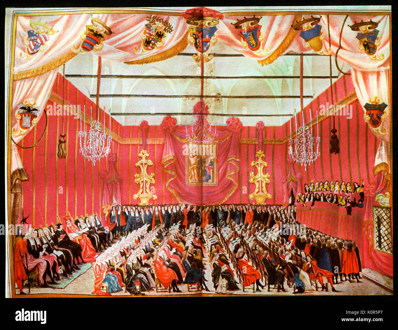 Bologna 1706. Konzert in der Stadt Halle mit kleinem Orchester und Publikum. Stockfoto
