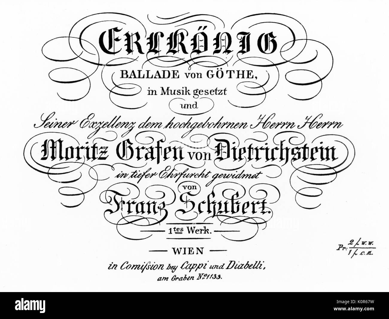 Franz Schubert - erlkonig Titlepage-Song basiert auf der Arbeit von Goethe, komponiert 1815. Österreichische Komponist 1797-1828 Stockfoto
