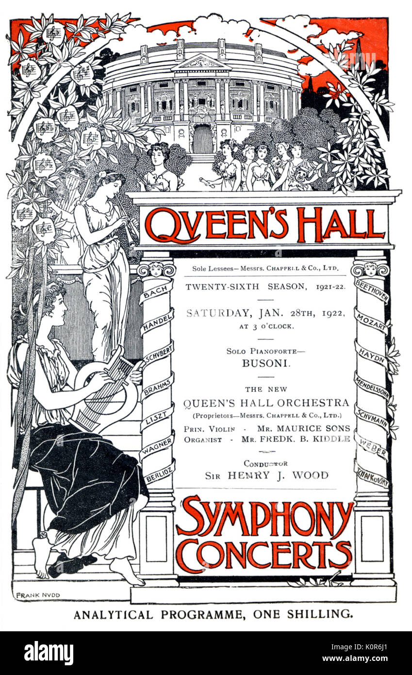 Abdeckung des Programms für die Queens Hall 28 Jan 1922 mit Busoni und von Henry Holz durchgeführt. Klassische griechische giures mit drapierten Material. Musikalische Musen mit Lyra, aulos und Zeichnung der Konzertsaal im Hintergrund. Rot/Schwarz Stockfoto