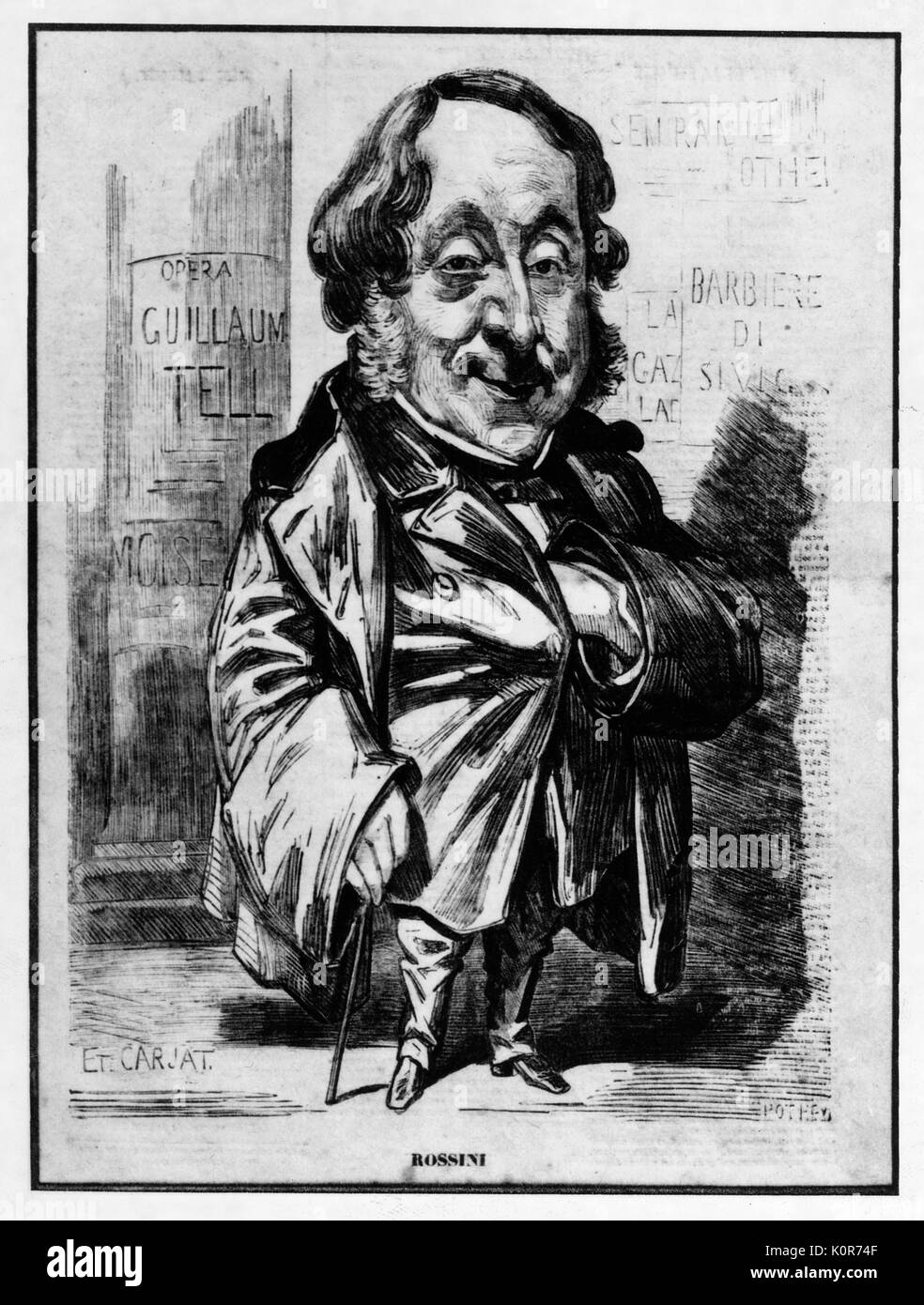 Gioacchino Rossini A. Karikatur von E. Carjat. Italienischer Komponist. 29 Februar 1792 - 13. November 1868. Reklametafeln mit Namen seiner Opern hinter ihm - erfolgreiche Oper Schriftsteller. Stockfoto