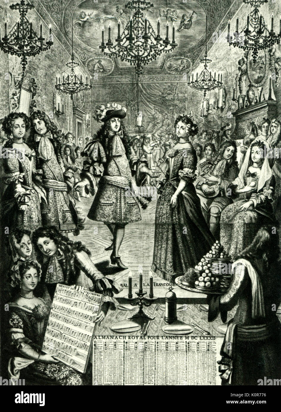 Marc-Antoine Charpentier in Kupferstich von Pierre Landry mit dem Titel "Die Königliche Almanach von 1682" und Feiern L. XIV der militärische Sieg im Elsass. Score ist Auszug aus Menuet de Straßburg von Charpentier. Louis XIV Tanz Menuett. Ball in Versailles. Dachte, Marc-Antoine Charpentier, Ergebnis, und es werden nur Portrait ini Existenz - nach MA Charpentier Gesellschaft. Stockfoto