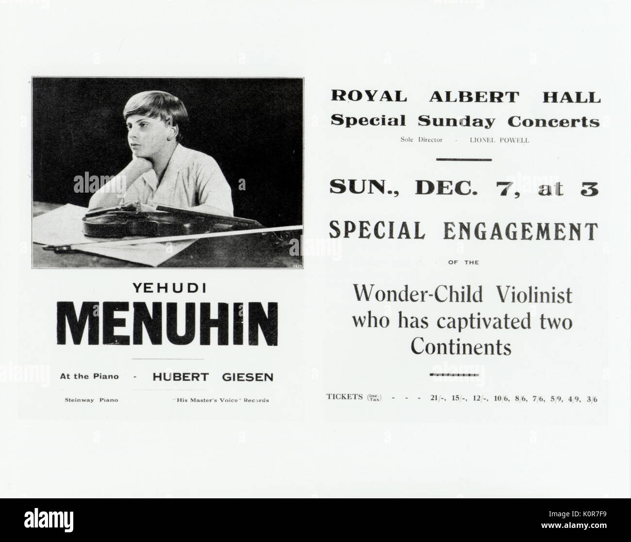 Yehudi Menuhin abgebildet auf Plakat verkündet Leistung in der Royal Albert Hall, begleitet von Hubert Giesen auf 1930 Dez 7. Teil der Royal Albert Hall besondere Sonntag Programm Konzerte vom 23. Nov 1930. Amerikanische geboren Britische Violinist und Dirigent, 1916-1999. Stockfoto