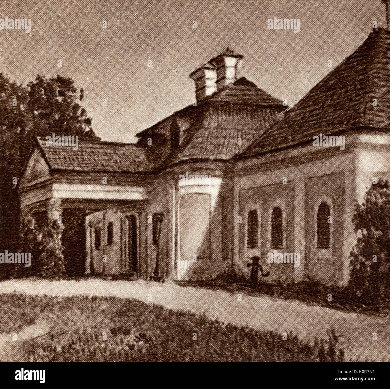 Franz Schubert - Zelesz Schloss (Schloss) in Ungarn, wo er in den Sommern von 1818 und 1824-österreichischen Komponisten vom 31. Januar 1797 - 19. November 1828 waren - Malerei von A.F. Seligmann Stockfoto