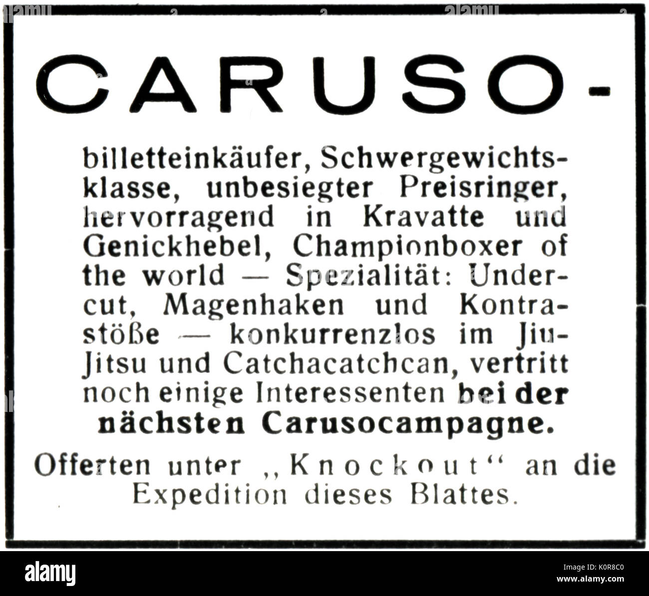 CARUSO, Enrico - Anzeige in Karneval Anzahl der 'Berliner Blauesten Nachrichten 1912" - Tickets für bieten italienische Tenor (1873 - 1921) Stockfoto