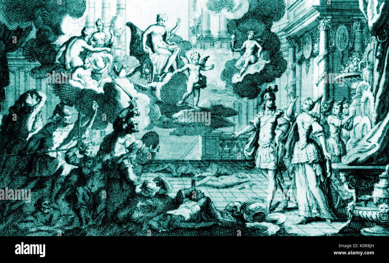 Jean Baptiste (de) Lully oder di Giovanni Battista Lulli-Szene aus der 'Grenzüb ergreifend e Komponist Oper Thésée (Theseus). Akt V (Paris, 1711 - von der ersten Ausgabe der Kerbe). Kupferstich von Gerard Jean-Baptiste Scotin. JBL: 28. November 1632 - vom 22. März 1687. Stockfoto