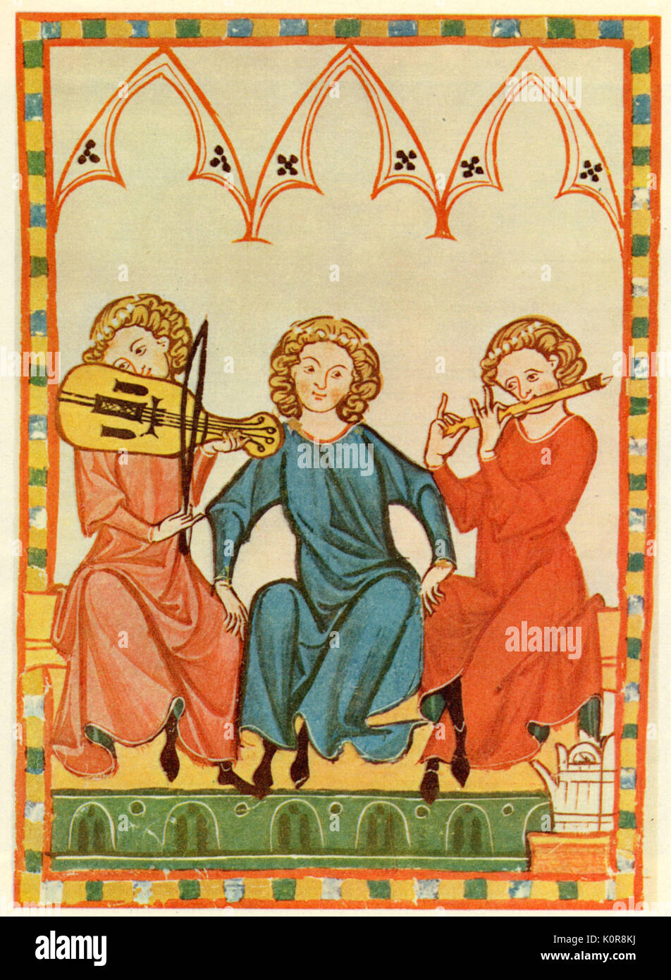 Die Musiker aus dem Mittelalter Beleuchtung mit Minstrel von viella & Flöte begleitet. Stellt Dichter als "Kanzler" (Codex Manesse, Zürich, C. 1340) Minnesang. Minnesänger. Mittelhochdeutsch. Mittelhochdeutschen. Ritter. Das rittertum. Ausleuchtung. Stockfoto