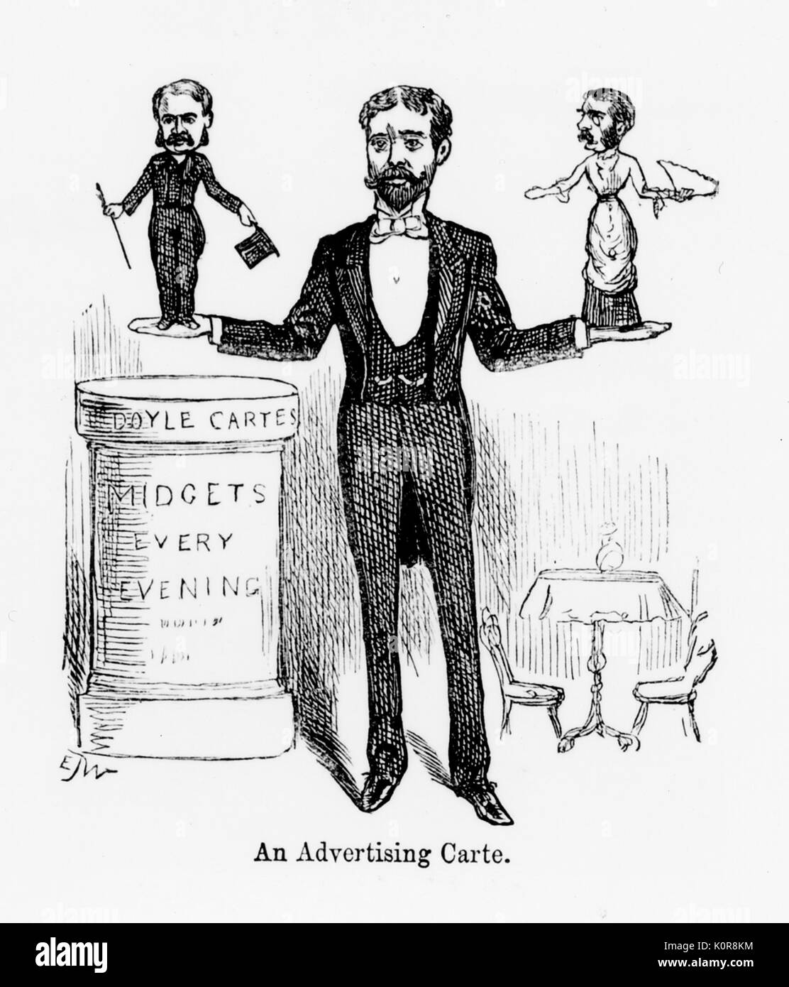 W S Gilbert und Arthur Sullivan. Karikatur von Ihnen als Zwerge, gehalten von Richard D'Oyly Carte. "Eine Werbung Carte'-Zwerge jeden Abend 'aus zeitgenössischen Artikel mit dem Titel "Die Savoyards ' im Punch 1882 von E.J. Wheeler. (D'Oyly Carte der Puppenspieler) Stockfoto