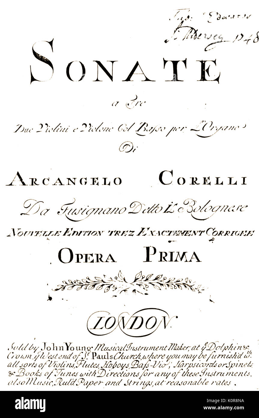 CORELLI, einer Titelseite Sonate a Tre Due Violini e Violone Col Basso per l'Organo di A. Corelli. In London veröffentlicht. In der Hand der Eigentümer vom wie 1748, würde aber früher gedruckt wurden. Stockfoto